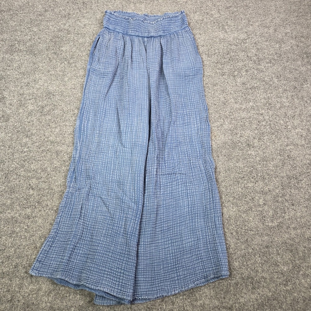 Daily Practice Pants Womens Medium Blue Cotton Crepe Wide Leg Elastic Waist